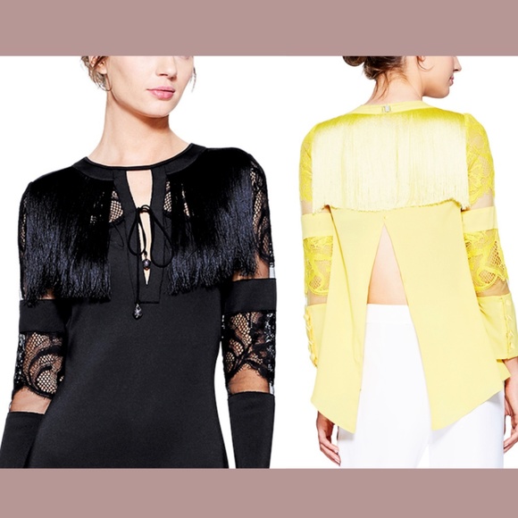 NEW Tadashi Shoji [ 14 ] Felicia Fringe & Lace Blouse Top in‎ Black - Picture 1 of 16